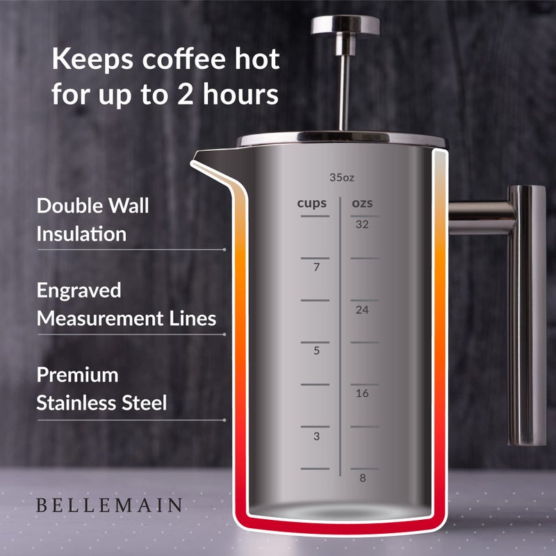 Bellemain French Press Coffee Maker Extra Filters Included, 35 oz, Stainless Steel - Image 2